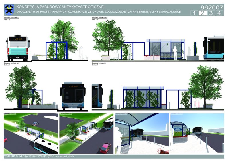 zwycięska praca na opracowanie projektu koncepcyjnego zantykatastroficznej zabudowy wiat przystankowych w Starachowicach